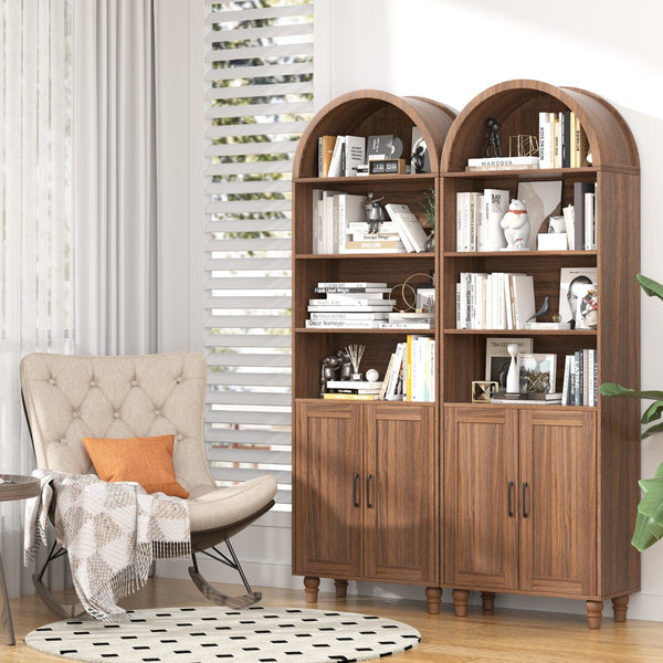 English Elm Arched Six Tier Bookcase with Walnut Finish Open Display and Concealed Cabinet Storage T3773P417328