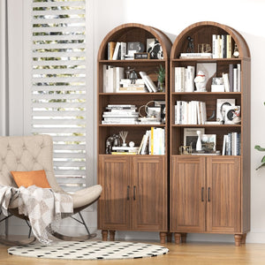 English Elm Arched Six Tier Bookcase with Walnut Finish Open Display and Concealed Cabinet Storage T3773P417328