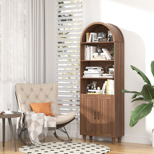 English Elm Arched Six Tier Bookcase with Walnut Finish Open Display and Concealed Cabinet Storage T3773P417328