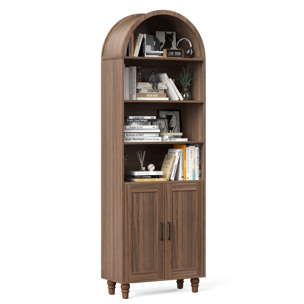 English Elm Arched Six Tier Bookcase with Walnut Finish Open Display and Concealed Cabinet Storage T3773P417328