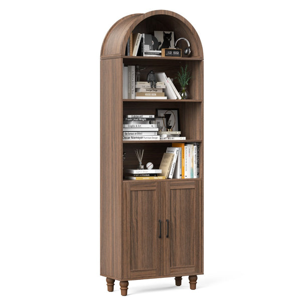English Elm Arched Six Tier Bookcase with Walnut Finish Open Display and Concealed Cabinet Storage T3773P417328