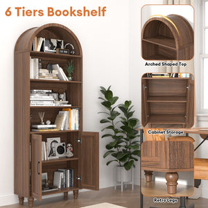 English Elm Arched Six Tier Bookcase with Walnut Finish Open Display and Concealed Cabinet Storage T3773P417328