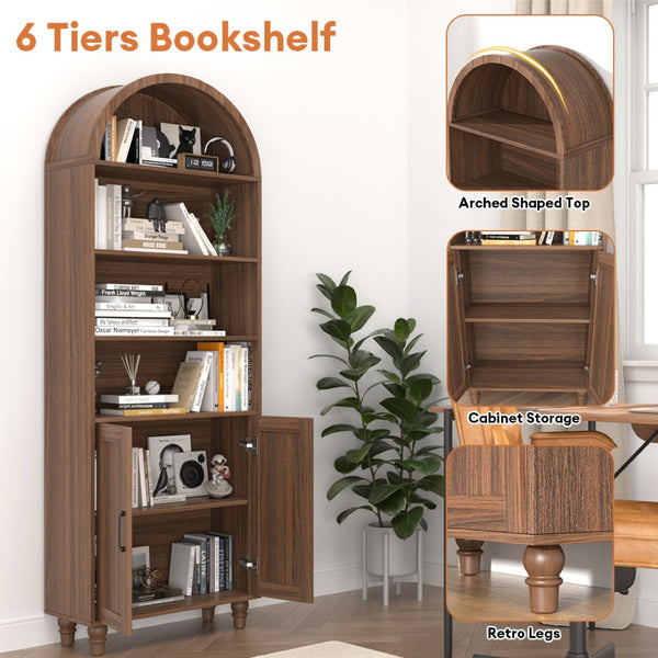 English Elm Arched Six Tier Bookcase with Walnut Finish Open Display and Concealed Cabinet Storage T3773P417328