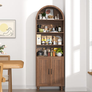 English Elm Arched Six Tier Bookcase with Walnut Finish Open Display and Concealed Cabinet Storage T3773P417328