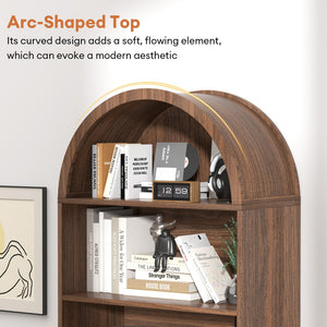 English Elm Arched Six Tier Bookcase with Walnut Finish Open Display and Concealed Cabinet Storage T3773P417328