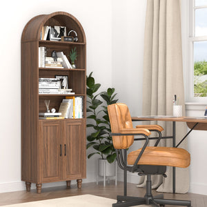 English Elm Arched Six Tier Bookcase with Walnut Finish Open Display and Concealed Cabinet Storage T3773P417328