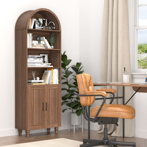 English Elm Arched Six Tier Bookcase with Walnut Finish Open Display and Concealed Cabinet Storage T3773P417328