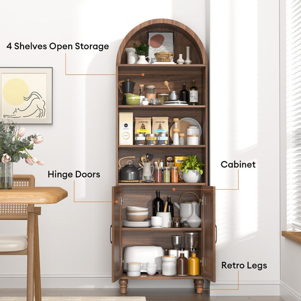 English Elm Arched Six Tier Bookcase with Walnut Finish Open Display and Concealed Cabinet Storage T3773P417328
