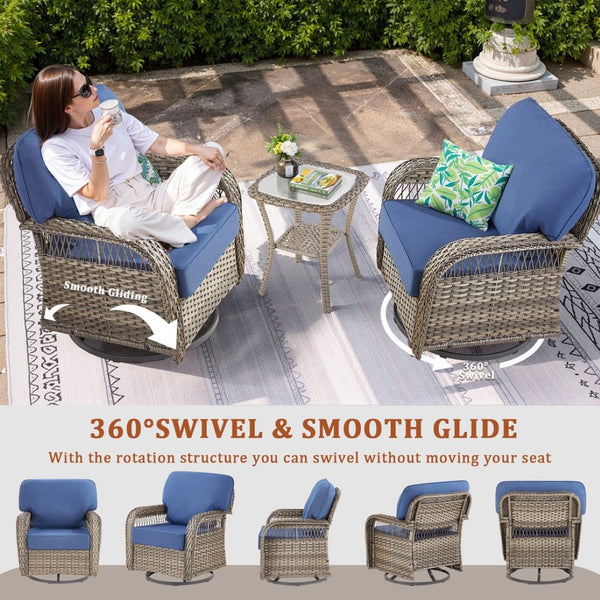 English Elm Outdoor Swivel Glider Rocker Set Pe Wicker Porch Chairs with Thick Foam Cushions Blue T3773P418420