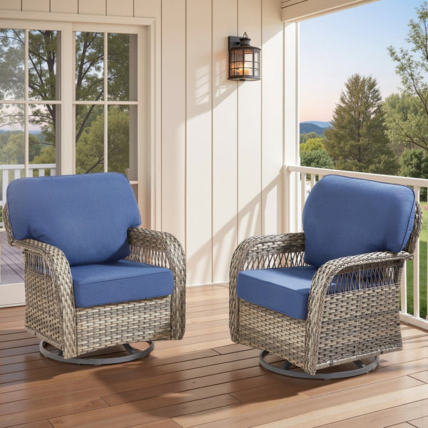 English Elm Outdoor Swivel Glider Rocker Set Pe Wicker Porch Chairs with Thick Foam Cushions Blue T3773P418420
