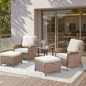 English Elm 5-Piece Outdoor Wicker Lounge Set with Ottomans and Glass Top Side Table for Patio T3773P419324