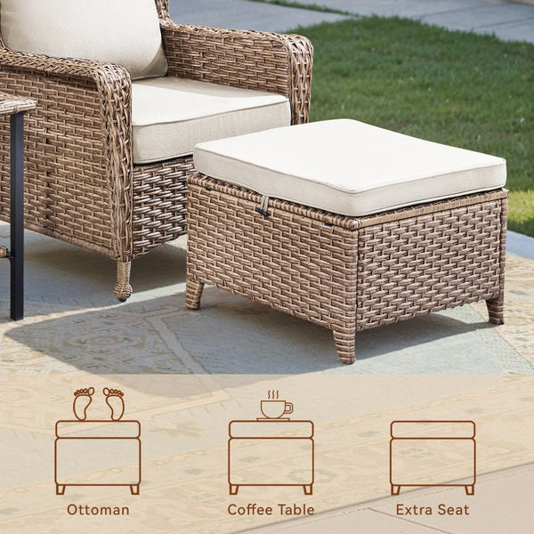 English Elm 5-Piece Outdoor Wicker Lounge Set with Ottomans and Glass Top Side Table for Patio T3773P419324