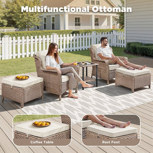 English Elm 5-Piece Outdoor Wicker Lounge Set with Ottomans and Glass Top Side Table for Patio T3773P419324