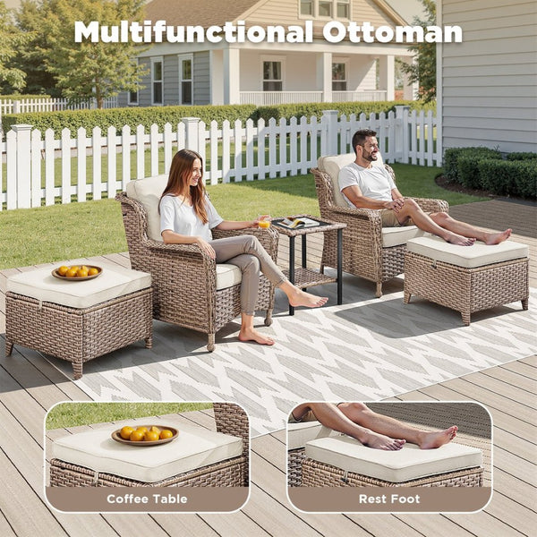 English Elm 5-Piece Outdoor Wicker Lounge Set with Ottomans and Glass Top Side Table for Patio T3773P419324