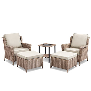 English Elm 5-Piece Outdoor Wicker Lounge Set with Ottomans and Glass Top Side Table for Patio T3773P419324
