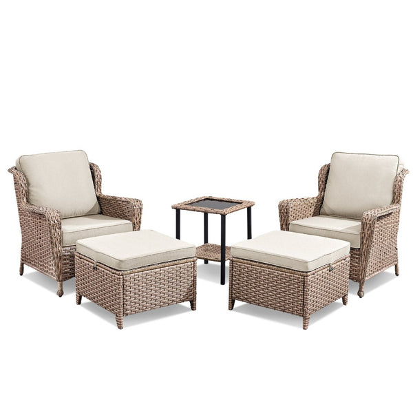 English Elm 5-Piece Outdoor Wicker Lounge Set with Ottomans and Glass Top Side Table for Patio T3773P419324