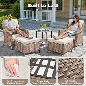 English Elm 5-Piece Outdoor Wicker Lounge Set with Ottomans and Glass Top Side Table for Patio T3773P419324