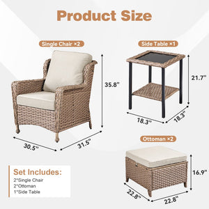 English Elm 5-Piece Outdoor Wicker Lounge Set with Ottomans and Glass Top Side Table for Patio T3773P419324