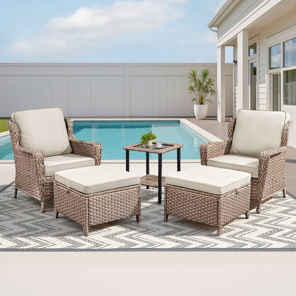 English Elm 5-Piece Outdoor Wicker Lounge Set with Ottomans and Glass Top Side Table for Patio T3773P419324