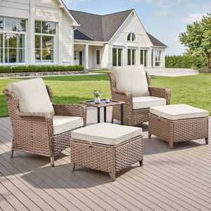 English Elm 5-Piece Outdoor Wicker Lounge Set with Ottomans and Glass Top Side Table for Patio T3773P419324