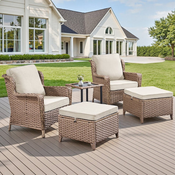 English Elm 5-Piece Outdoor Wicker Lounge Set with Ottomans and Glass Top Side Table for Patio T3773P419324