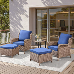 English Elm 5-Piece Outdoor Wicker Lounge Set with Glass Side Table and Ottomans for Patio Deck T3773P419325