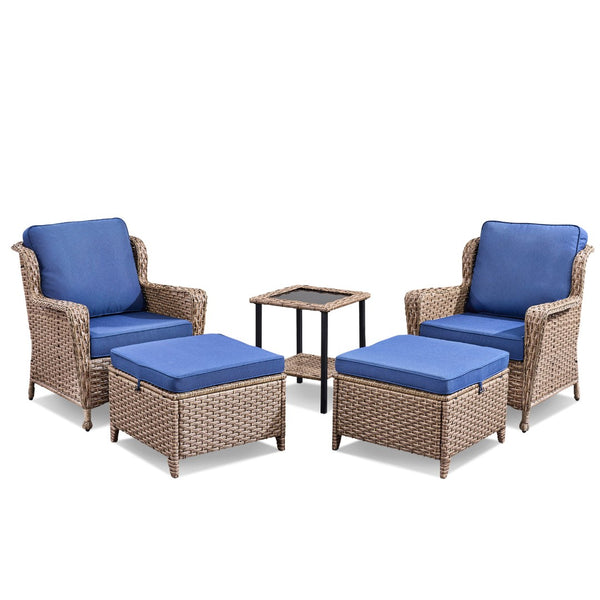 English Elm 5-Piece Outdoor Wicker Lounge Set with Glass Side Table and Ottomans for Patio Deck T3773P419325