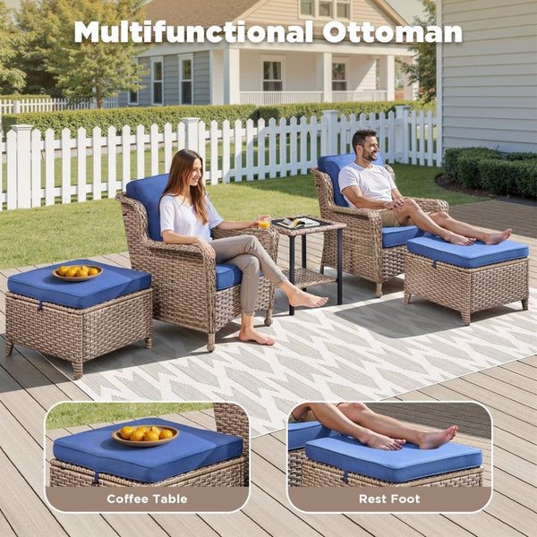 English Elm 5-Piece Outdoor Wicker Lounge Set with Glass Side Table and Ottomans for Patio Deck T3773P419325