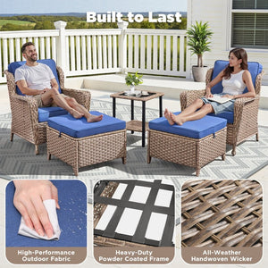 English Elm 5-Piece Outdoor Wicker Lounge Set with Glass Side Table and Ottomans for Patio Deck T3773P419325