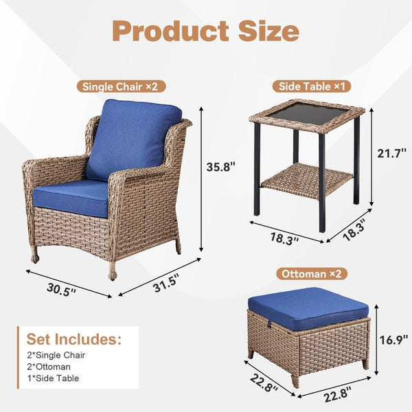 English Elm 5-Piece Outdoor Wicker Lounge Set with Glass Side Table and Ottomans for Patio Deck T3773P419325