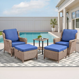 English Elm 5-Piece Outdoor Wicker Lounge Set with Glass Side Table and Ottomans for Patio Deck T3773P419325