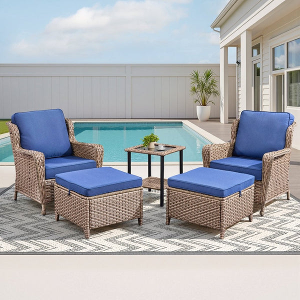 English Elm 5-Piece Outdoor Wicker Lounge Set with Glass Side Table and Ottomans for Patio Deck T3773P419325
