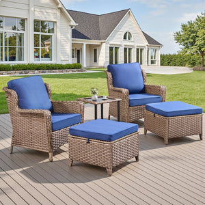 English Elm 5-Piece Outdoor Wicker Lounge Set with Glass Side Table and Ottomans for Patio Deck T3773P419325