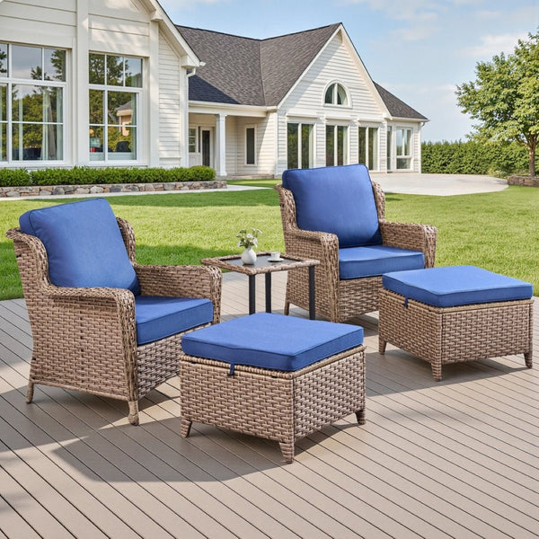 English Elm 5-Piece Outdoor Wicker Lounge Set with Glass Side Table and Ottomans for Patio Deck T3773P419325