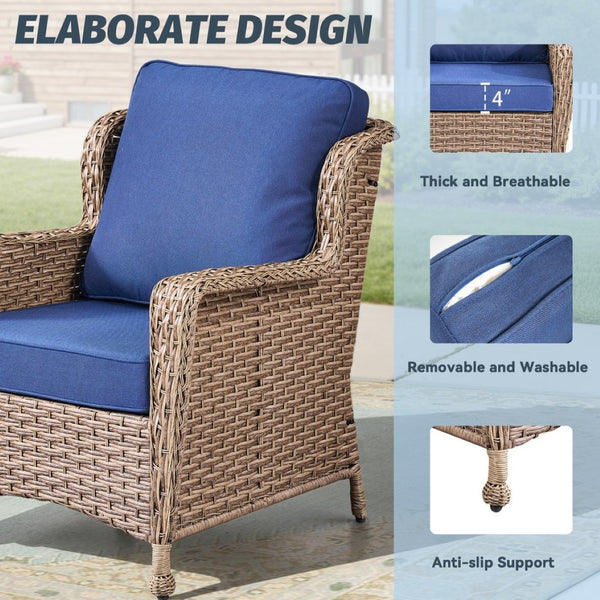 English Elm 5-Piece Outdoor Wicker Lounge Set with Glass Side Table and Ottomans for Patio Deck T3773P419325