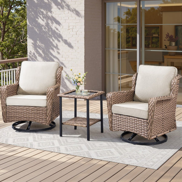 English Elm 2 Chair Outdoor PE Rattan Swivel Glider Set with Mosaic Glass Side Table Beige T3773P419326