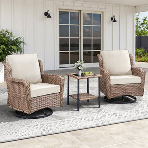 English Elm 2 Chair Outdoor PE Rattan Swivel Glider Set with Mosaic Glass Side Table Beige T3773P419326