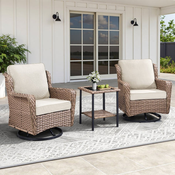English Elm 2 Chair Outdoor PE Rattan Swivel Glider Set with Mosaic Glass Side Table Beige T3773P419326