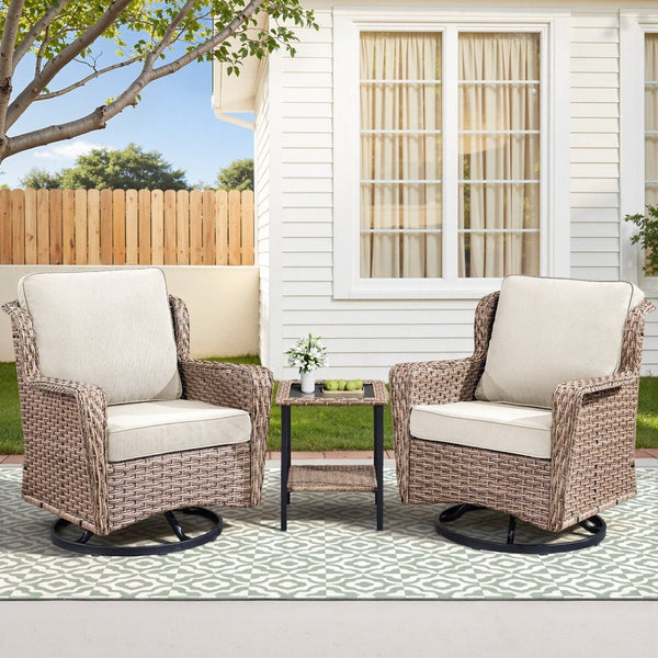 English Elm 2 Chair Outdoor PE Rattan Swivel Glider Set with Mosaic Glass Side Table Beige T3773P419326
