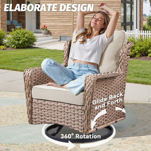 English Elm 2 Chair Outdoor PE Rattan Swivel Glider Set with Mosaic Glass Side Table Beige T3773P419326