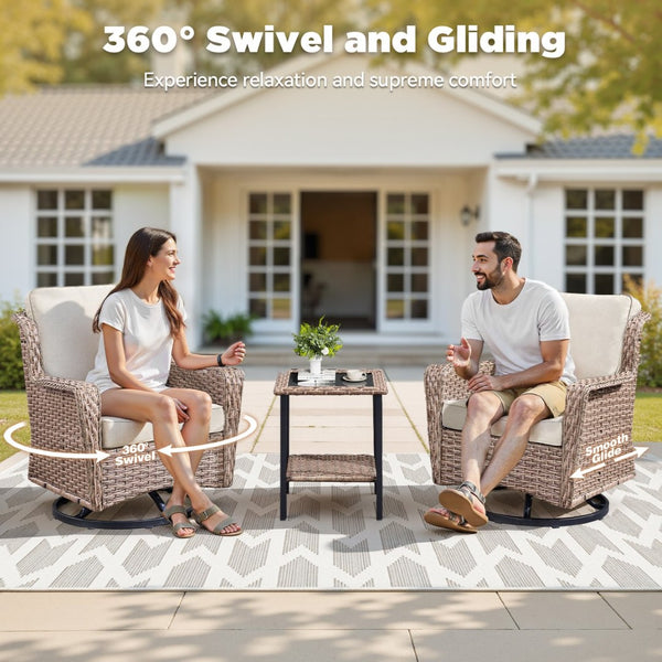 English Elm 2 Chair Outdoor PE Rattan Swivel Glider Set with Mosaic Glass Side Table Beige T3773P419326