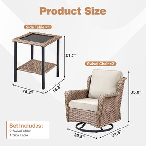 English Elm 2 Chair Outdoor PE Rattan Swivel Glider Set with Mosaic Glass Side Table Beige T3773P419326