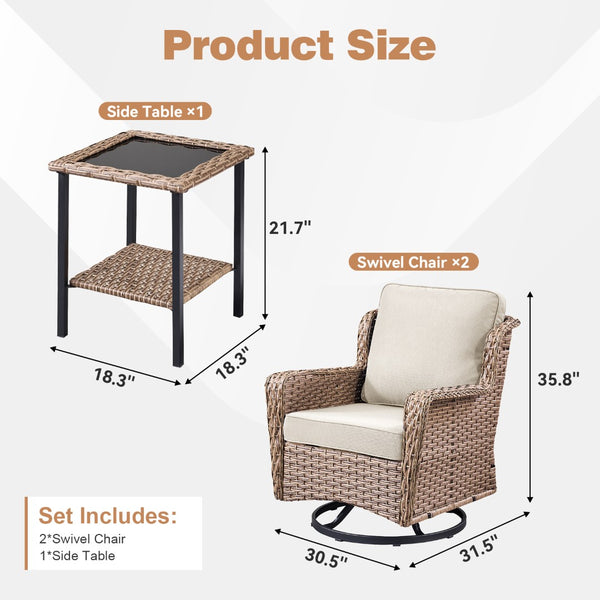 English Elm 2 Chair Outdoor PE Rattan Swivel Glider Set with Mosaic Glass Side Table Beige T3773P419326