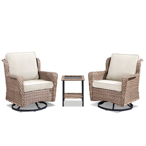 English Elm 2 Chair Outdoor PE Rattan Swivel Glider Set with Mosaic Glass Side Table Beige T3773P419326