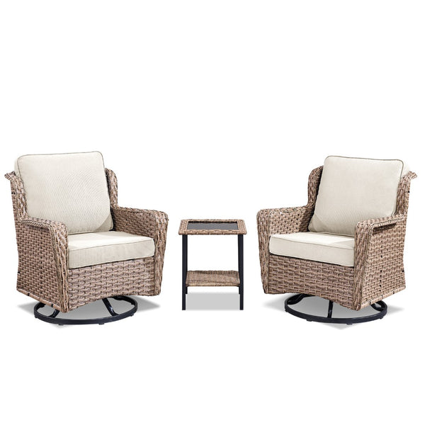 English Elm 2 Chair Outdoor PE Rattan Swivel Glider Set with Mosaic Glass Side Table Beige T3773P419326