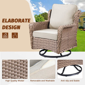 English Elm 2 Chair Outdoor PE Rattan Swivel Glider Set with Mosaic Glass Side Table Beige T3773P419326