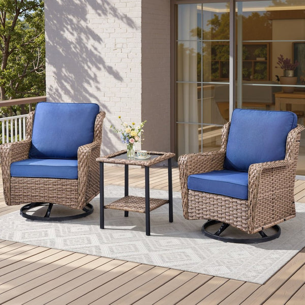 English Elm 2 Chair Outdoor PE Rattan Swivel Glider Set with Mosaic Glass Side Table Blue T3773P419327