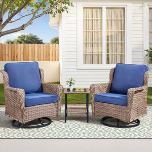 English Elm 2 Chair Outdoor PE Rattan Swivel Glider Set with Mosaic Glass Side Table Blue T3773P419327
