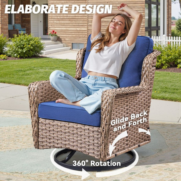 English Elm 2 Chair Outdoor PE Rattan Swivel Glider Set with Mosaic Glass Side Table Blue T3773P419327