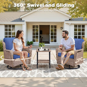 English Elm 2 Chair Outdoor PE Rattan Swivel Glider Set with Mosaic Glass Side Table Blue T3773P419327
